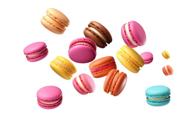 Obraz premium Fluttering Sweet Delights: A Whimsical Flight of Macaroons on White or PNG Transparent Background.