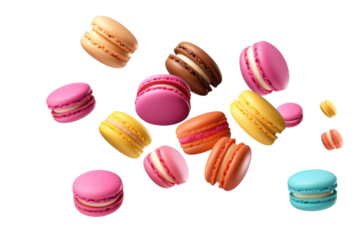 Fluttering Sweet Delights: A Whimsical Flight of Macaroons on White or PNG Transparent Background.
