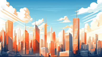 Abstract light sunny city stylization. Modern urban development with skyscrapers, glass buildings and residential high-rise buildings. Positive image of the metropolis