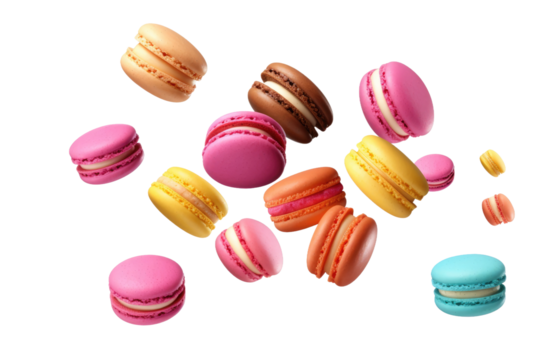 Fluttering Sweet Delights: A Whimsical Flight of Macaroons on White or PNG Transparent Background.