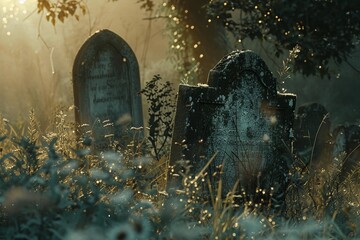 Fototapeta premium A cemetery with a headstone and a mossy grave marker