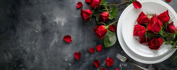 Valentines day table place setting with red roses and white plate on a dark background. Copy space.