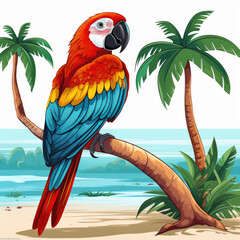 Cute parrot on paradise beach with palm trees. Colorful tropical bird on vacation poster. Parrot character resting