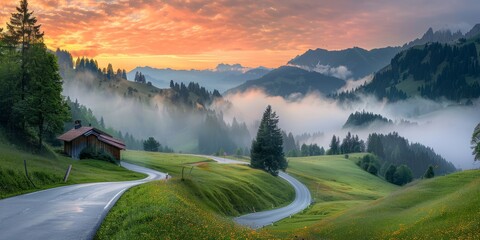 A Winding Mountain Road In Switzerland On A Misty Morning