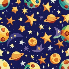 Naklejka premium Seamless pattern of paper cutouts of celestial bodies like stars, moons, and planets, twinkling in the night sky, Generative AI