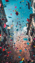 confetti falling during a festival or carnival in the city