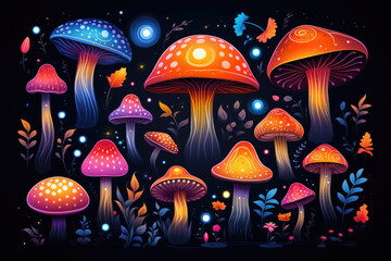 Mystical mushrooms horizontal poster. Shining unreal fantasy mushrooms on dark background