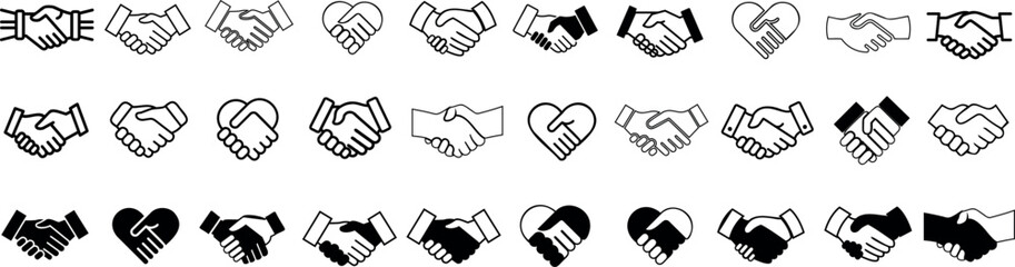 Handshake icons, vector set in black and white. hand shake Symbolizing business agreement, partnership.