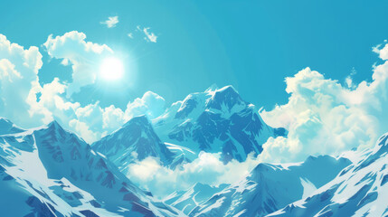 Snow-capped mountains on sunny day. Mountains peek out from the clouds, horizontal background. Beauty in nature