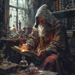 Old sorcerer reading alchemy book in his room.