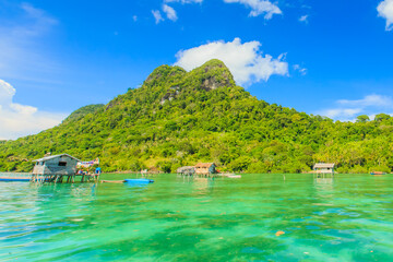 Beautiful landscapes view borneo sea gypsy water village in Bodgaya Mabul Island, Semporna Sabah,...