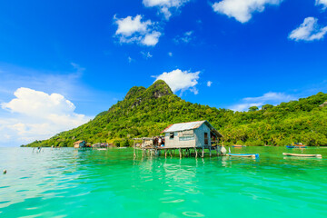 Beautiful landscapes view borneo sea gypsy water village in Bodgaya Mabul Island, Semporna Sabah,...