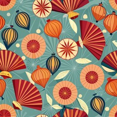 Seamless pattern of paper folded fans and lanterns, adding an elegant Asian-inspired touch to your gift wrap, Generative AI