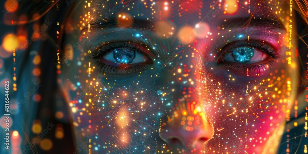 Poster human face composed of vibrant and mosaic-like digital pixels, set against a backdrop of glowing dig