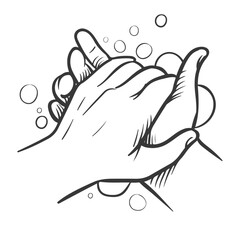 Hand washing pose with outline drawing vector white Background