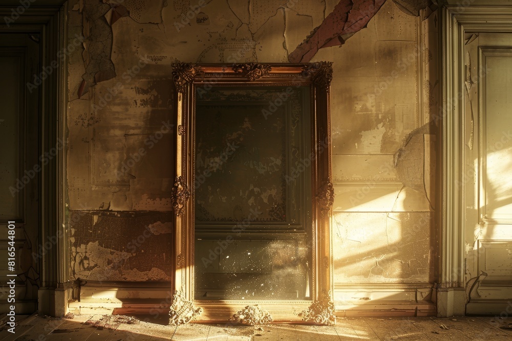 Poster a large gold framed mirror with a spider web on it