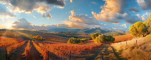 Wine landscape with vineyards during autumn in the Alella denomination of origin area in the province of Barcelona in Catalonia Spain