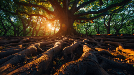 Majestic sunrise through ancient tree roots