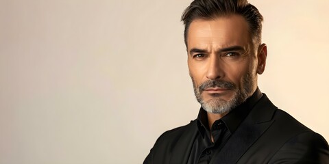 Fototapeta premium Middleaged muscular businessman in black suit isolated on white background. Concept Businessman Portrait, Middleaged, Muscular, Black Suit, White Background