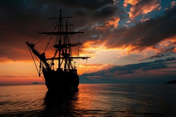 Fototapeta premium A large ship is silhouetted against a beautiful sunset