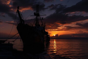 Obraz premium A large ship is silhouetted against a beautiful sunset