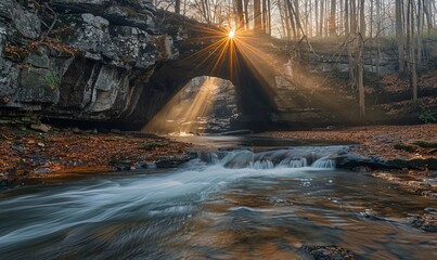 Sunlight streams through Twin Arches, Big South Fork, Tennessee