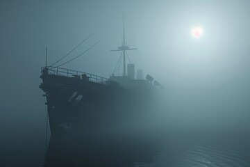 A ship is floating in the foggy water with the sun shining on it