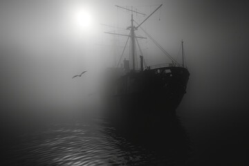 A ship is floating in the foggy water with the sun shining on it