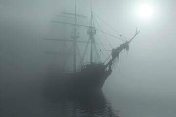 Obraz premium A ship is floating in the foggy water with the sun shining on it