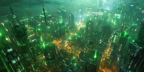 Futuristic Cityscape with Green and Blue Neon lights. Night scene with Advanced Superstructures.