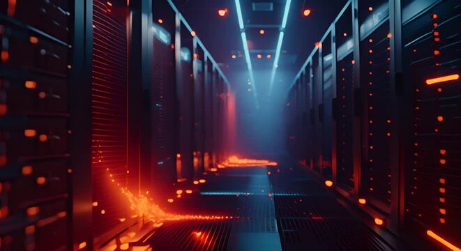 High-tech depiction of a data center imploding under the strain of excessive digital demand,