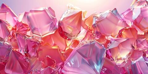 Trendy Abstract Banner, with Slick Crystal Pieces. Colorful, Pink and Magenta 3D Render with copy-space.