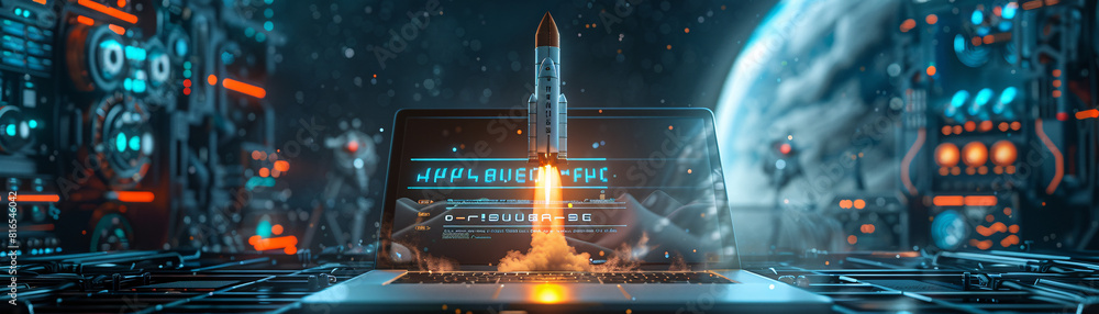 Poster a sleek laptop screen displays the countdown sequence as a steampunk space rocket stands poised for 