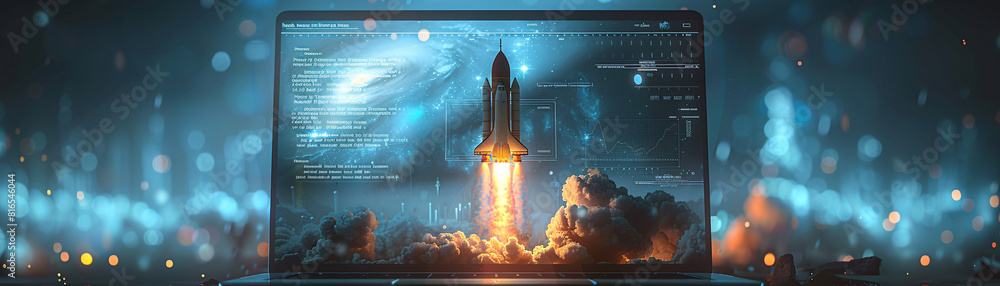 Poster a sleek laptop screen displays the countdown sequence as a steampunk space rocket stands poised for 