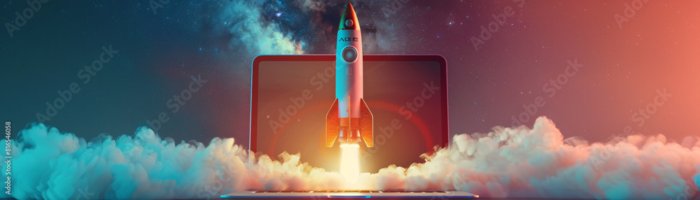 Poster a sleek laptop screen displays the countdown sequence as a steampunk space rocket stands poised for 