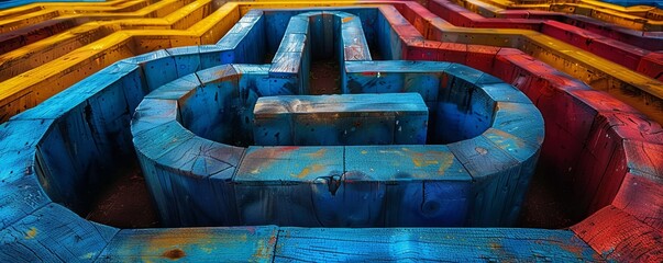 wooden maze with colorful narrow paths in blue and red with yellow colors