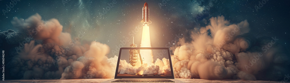 Poster against a backdrop of muted tones, a laptop screen serves as a portal to the imminent launch of a st
