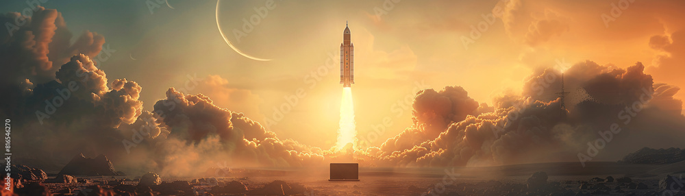 Poster against a backdrop of muted tones, a laptop screen serves as a portal to the imminent launch of a st