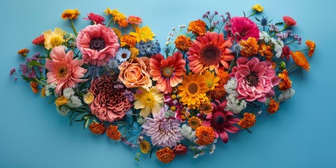 Top view arrangement of colorful flowers with heart shape placed on blue background.