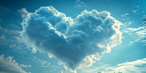 Beautiful, White Puffy Clouds in the Sky in the Shape of a Love Heart. Modern Valentineâ€™s Day Background.