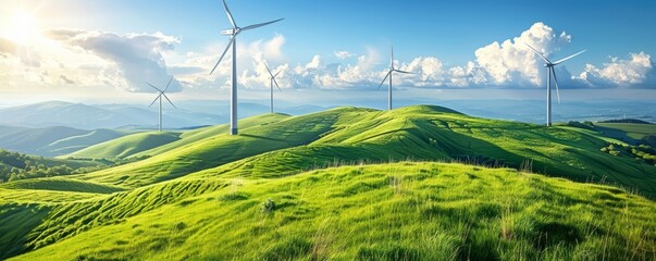 Windmills on grassy field against blue sky during sunny day