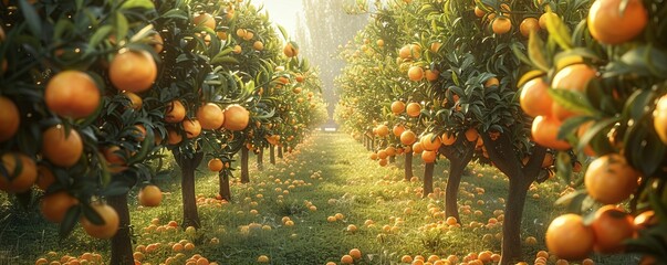 A citrus grove, with rows of orange and lemon trees stretching into the distance