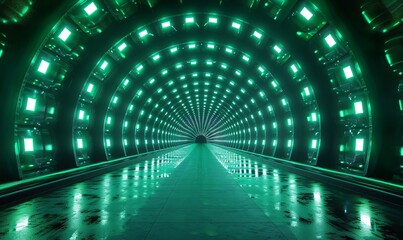 illustration of abstract background of dark tunnel with glowing green lights in rows
