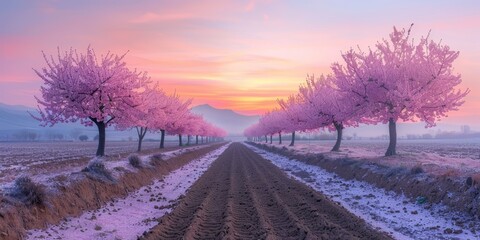 Blossoming almond trees lining a plowed field at dusk