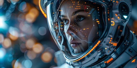 A futuristic astronaut wearing an advanced helmet with integrated digital displays gazes intently into the distance.