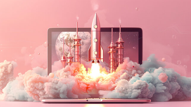 Against a soft pastel background, a laptop screen showcases the launch of a steampunk space rocket, its intricate gears and pipes highlighted in the design. The image combines futuristic aspirations