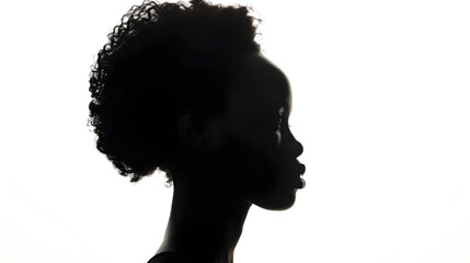 Shaded silhouette of a young African woman against a white background The woman is standing sideways and you can see her profile : Generative AI