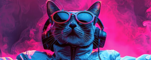 character with cat head in sunglasses and headphones wearing white jacket listening to music against pink and blue ...