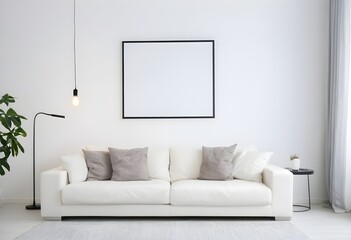 A white sofa with pillows, A poster on a wall, and pendant lights in a bright modern interior, Empty Space