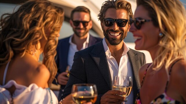 A group of individuals enjoying wine while aboard a yacht on the water